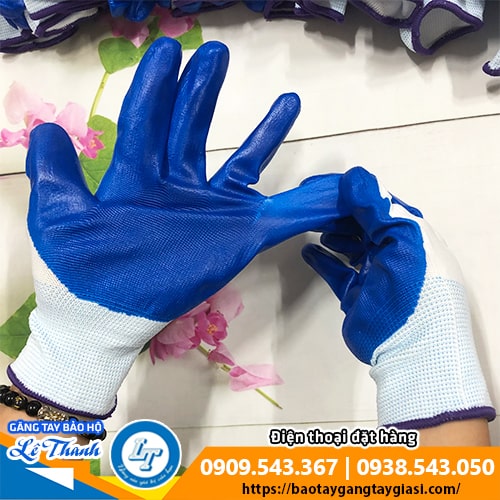 Găng tay sợi phủ sơn xanh co giãn đàn hồi Găng tay sợi phủ sơn xanh co giãn đàn hồi