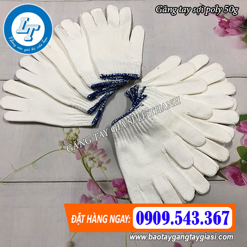 găng tay sợi poly trọng lượng 50g viền màu xanh dương