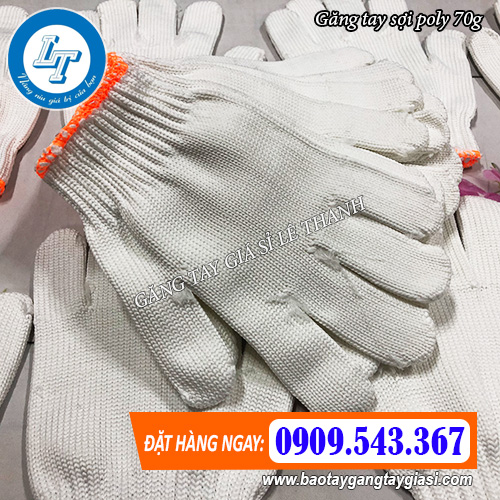 găng tay sợi poly viền cam có trọng lượng 70g