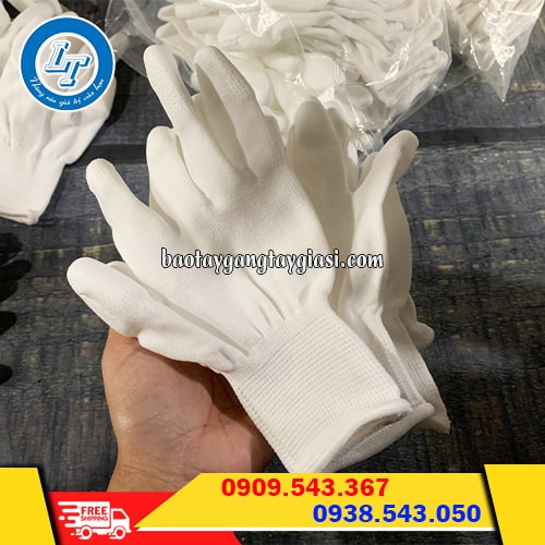 Găng tay thun trắng phủ PU đầu ngón giá sỉ tốt Găng tay thun trắng phủ PU đầu ngón giá sỉ tốt