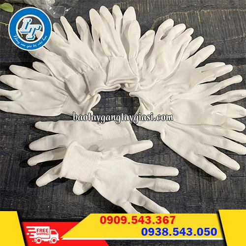 Găng tay thun trắng phủ PU đầu ngón giá rẻ đa dạng các size Găng tay thun trắng phủ PU đầu ngón giá rẻ đa dạng các size
