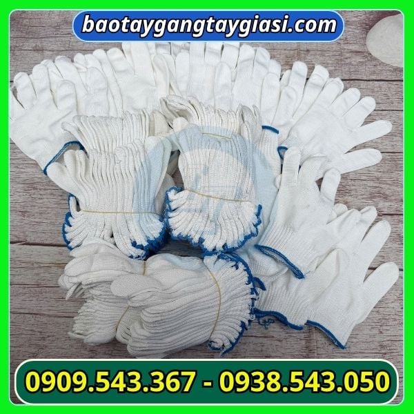 Găng tay len poly trắng 40g viền màu xanh dương Găng tay len poly trắng 40g