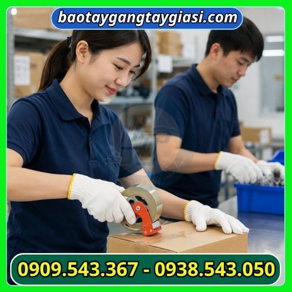 Găng tay len poly trắng 40g ứng dụng thực tế công việc Găng tay len poly trắng 40g