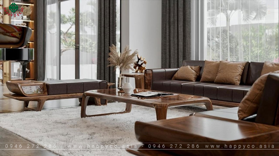 Phòng khách được lên ý tưởng thiết kế hiện đại sử dụng chất liệu chính là gỗ có chó Bắc Mỹ