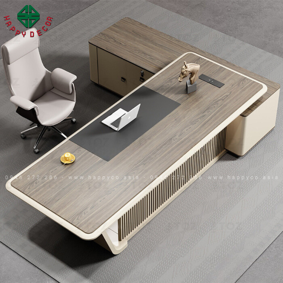 Bàn làm việc giám đốc hiện đại tạo điều kiện tối ưu cho việc sắp xếp tài liệu, thiết bị