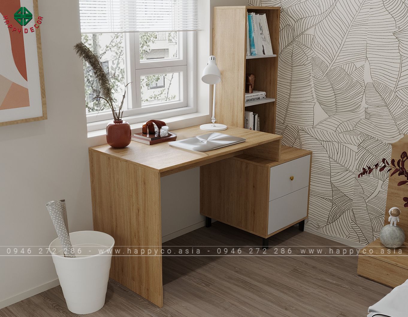 Mẫu bàn làm việc tại nhà có tủ ngăn kéo giá sách BV6812