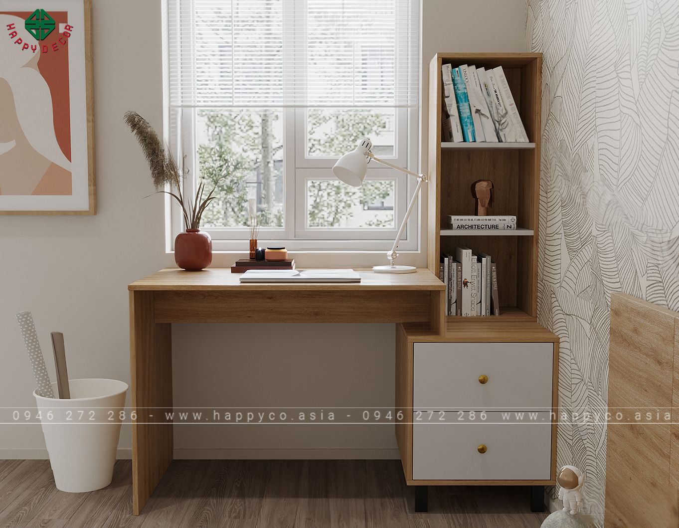 Mẫu bàn làm việc tại nhà có giá sách BV6812