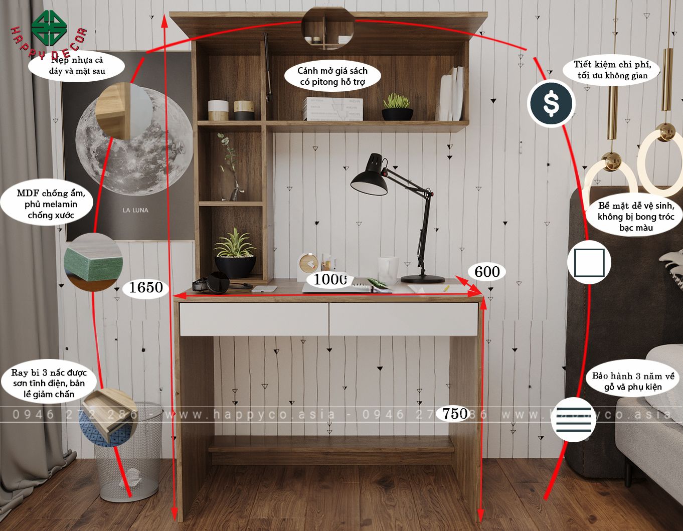 Bàn làm việc kết hợp giá sách đơn giản BLV6800