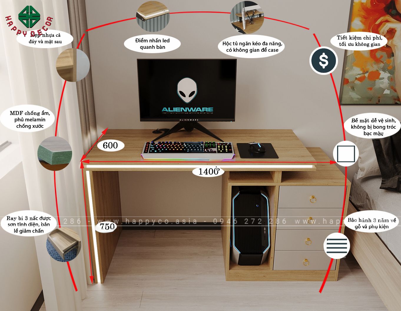 Bàn làm việc kết hợp tủ tài liệu tại nhà BV6801