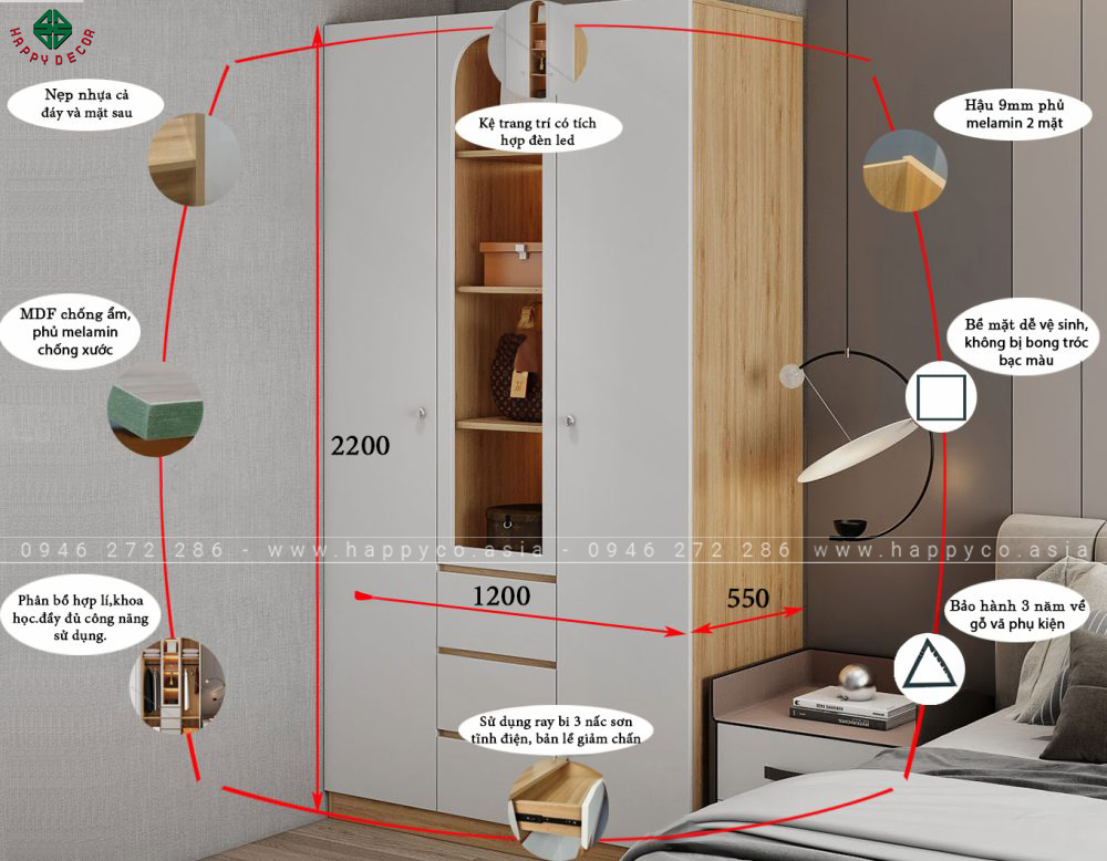 Kích thước tủ quần áo gỗ công nghiệp hiện đại TA6830
