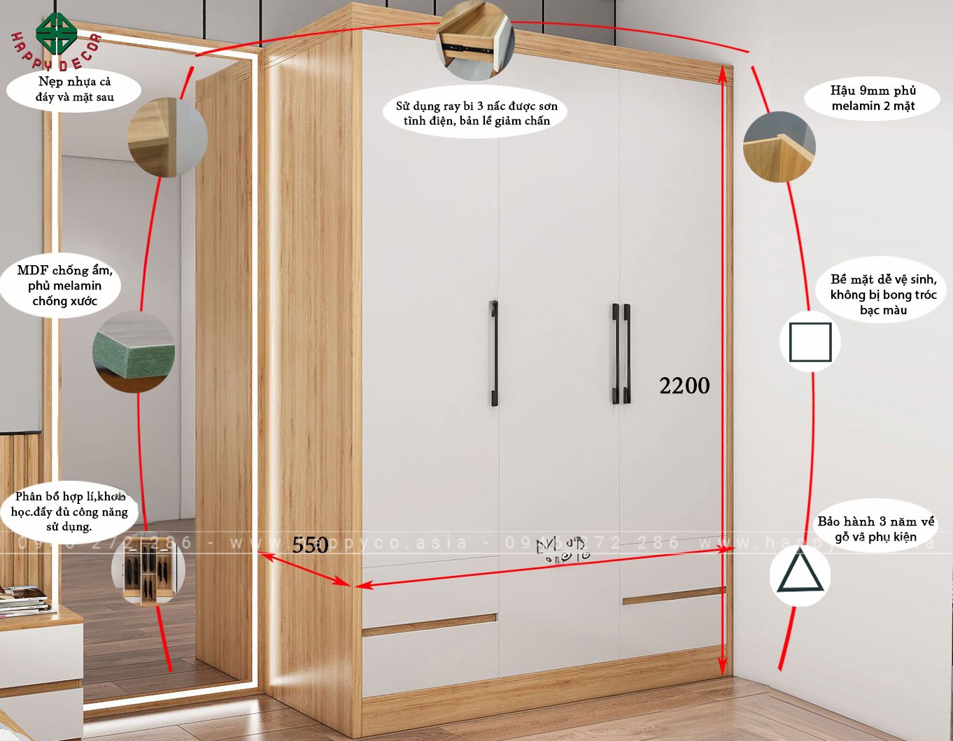 Kích thước mẫu tủ quần áo 3 buồng đẹp hiện đại TA6804