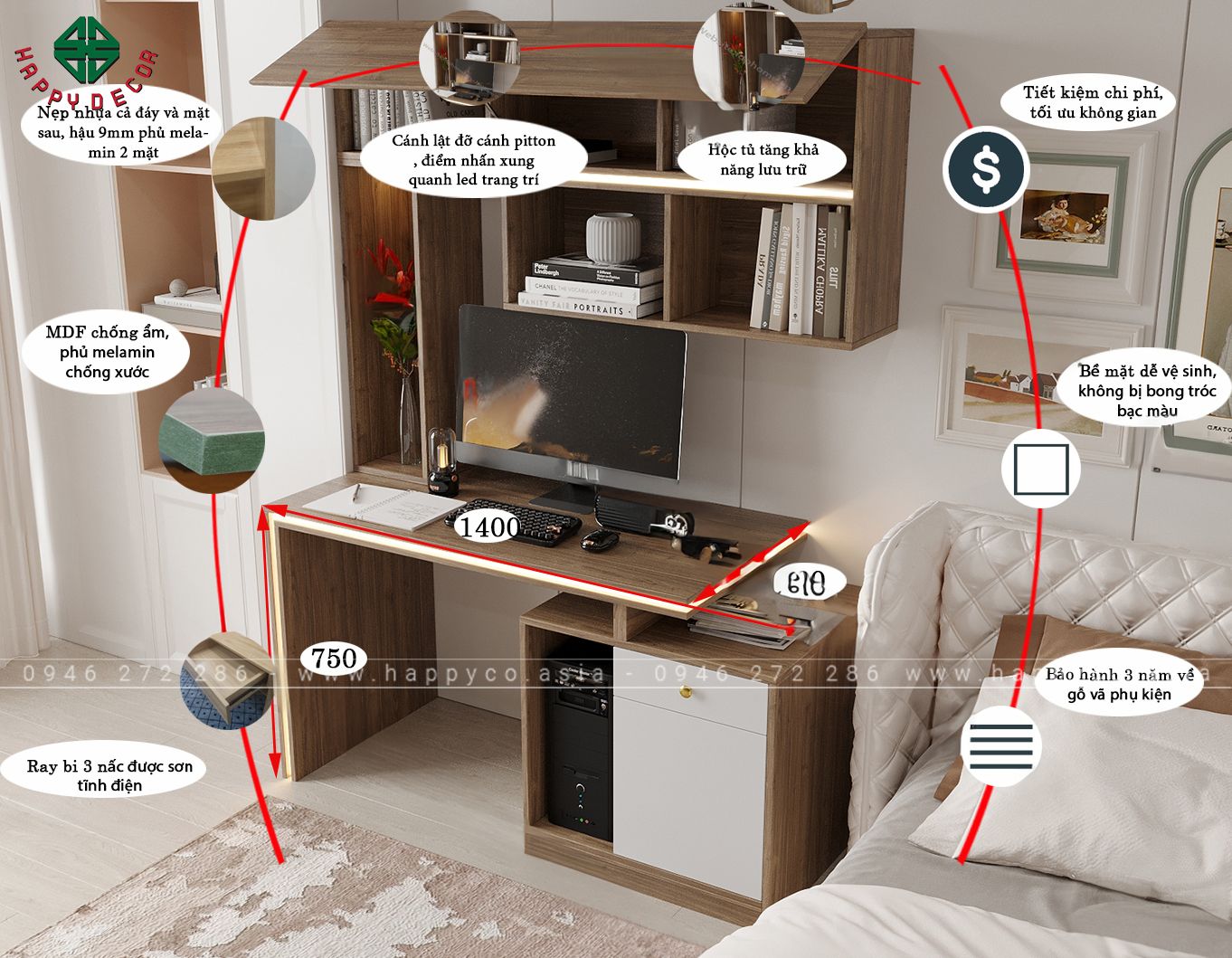 Mẫu bàn làm việc tại nhà có giá sách treo tường BV6806