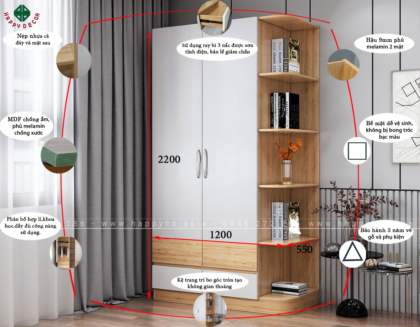 Kích thước tủ quần áo hiện đại có giá trang trí TA6803