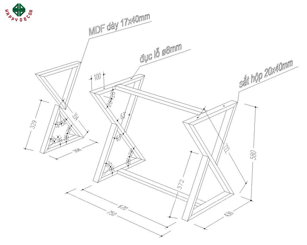 Kích thước chân sắt mẫu bàn phấn BP6811
