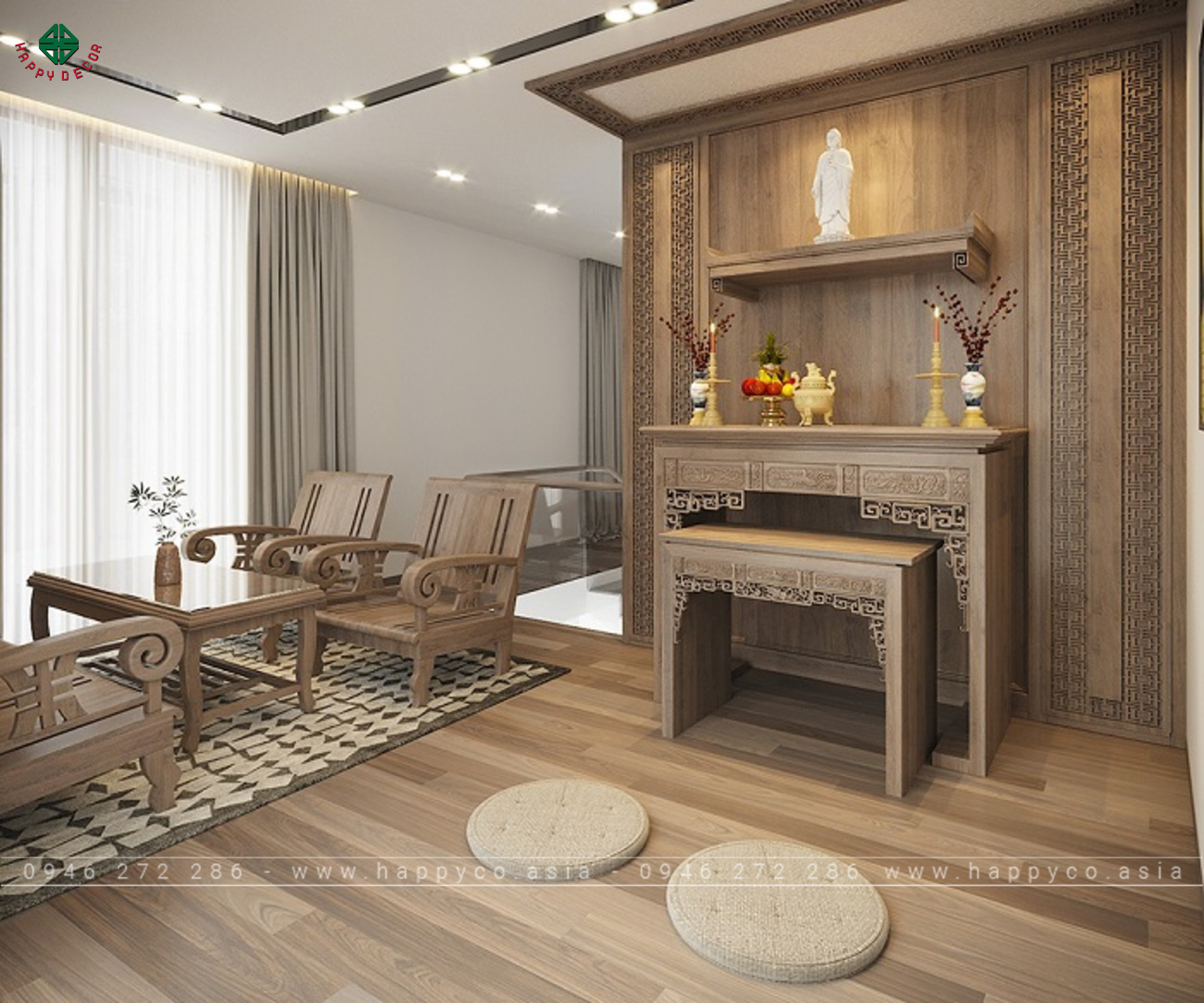 Cách bố trí phòng khách và phòng thờ mang lại không gian đón tiếp khách lý tưởng