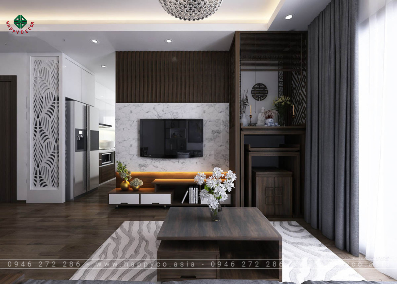 Mẫu bàn thờ tủ đứng có thiết kế tinh tế trong phòng khách