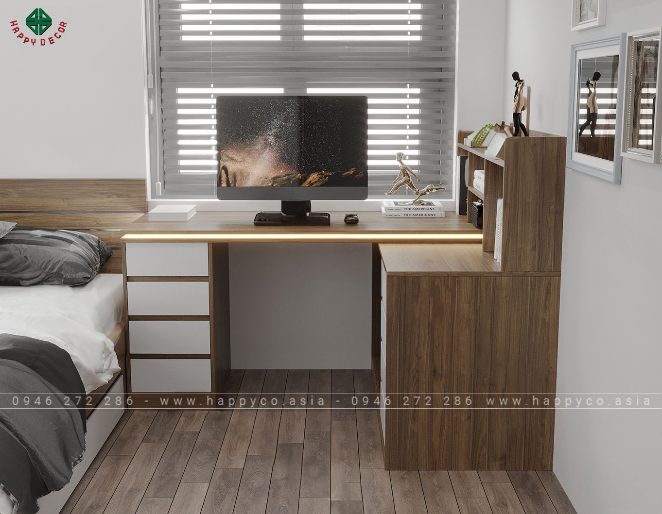 Mẫu bàn làm việc góc có tủ ngăn kéo BV6803