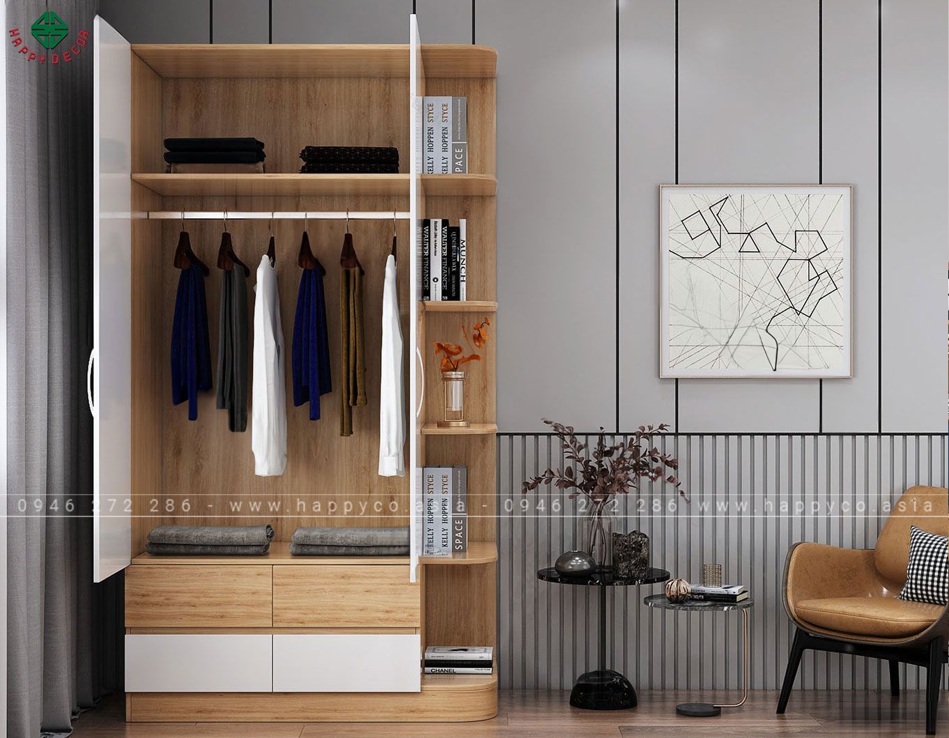 Tủ quần áo hiện đại có giá trang trí TA6803