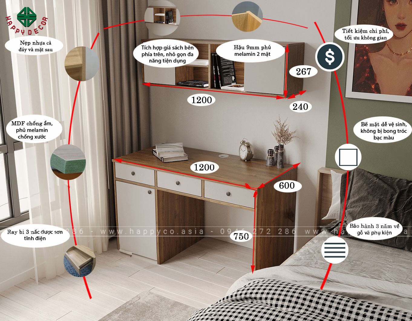 Mẫu bàn làm việc tại nhà có giá sách treo BV6809