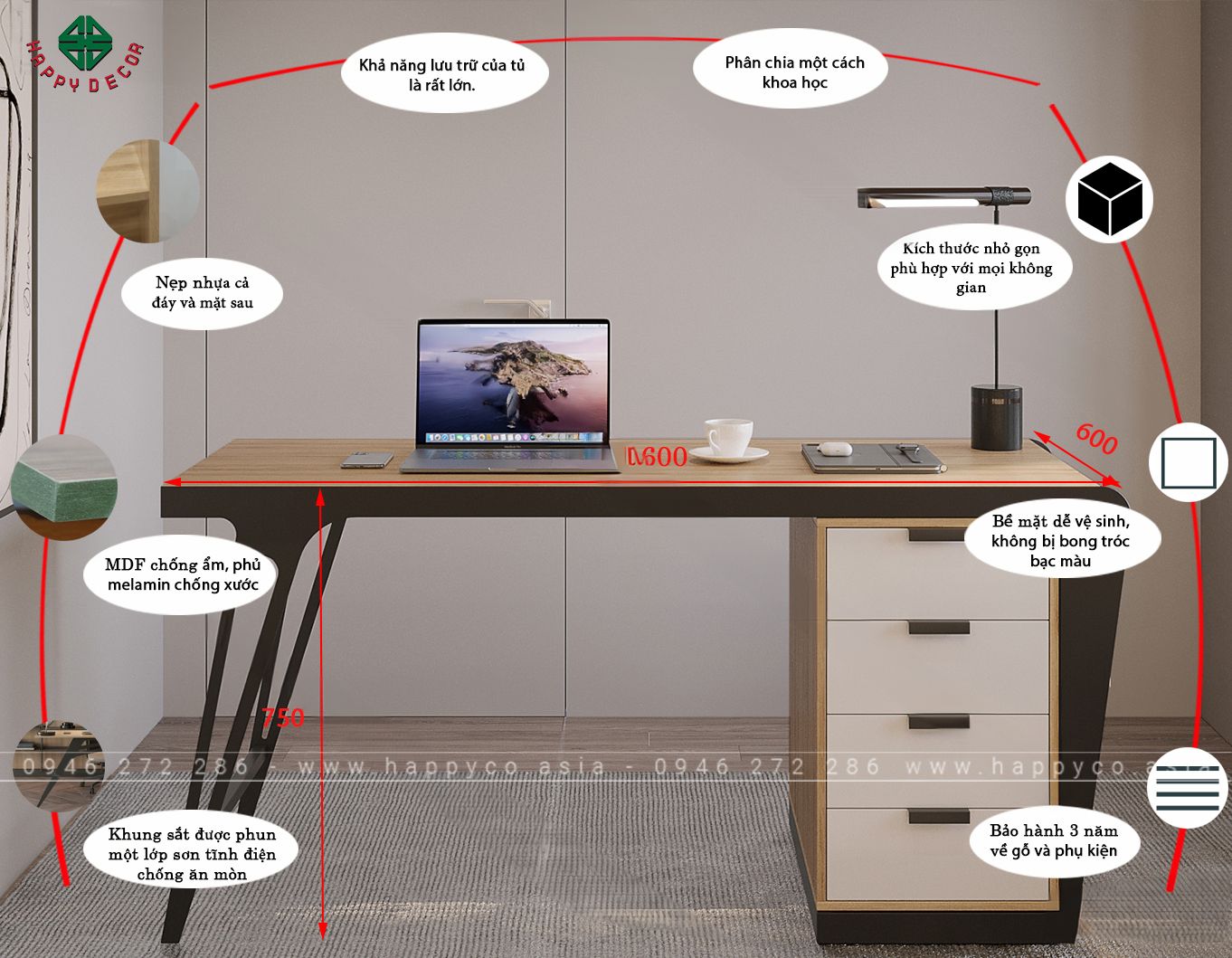 Kích thước bàn làm việc hiện đại BV6816