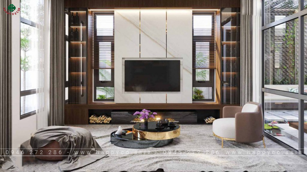 Vách Tivi phòng khách bằng kính cường lực - Mẫu 07