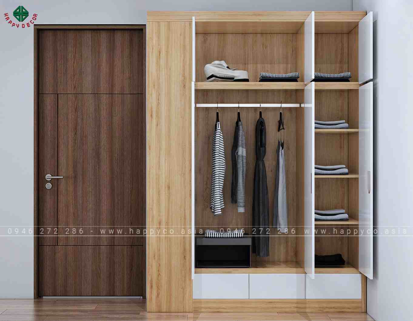 Tủ áo 3 bường có giá trang trí TA6807