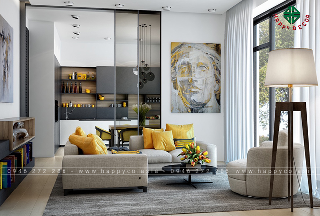 Căn phòng sử dụng màu vàng làm điểm nhấn rất sang trọng