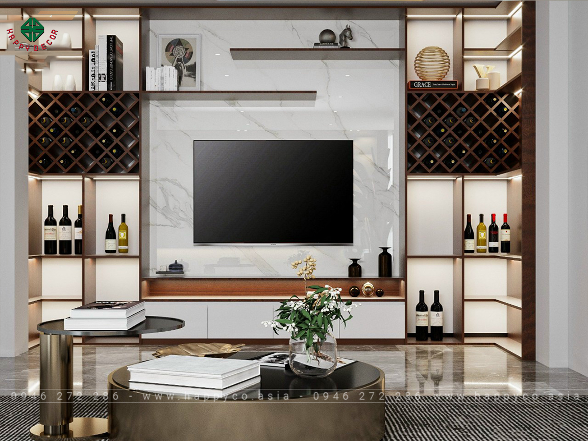 Nội thất phòng khách bằng ván nhựa Pima trắng do Happy Decor thiết kế và thi công