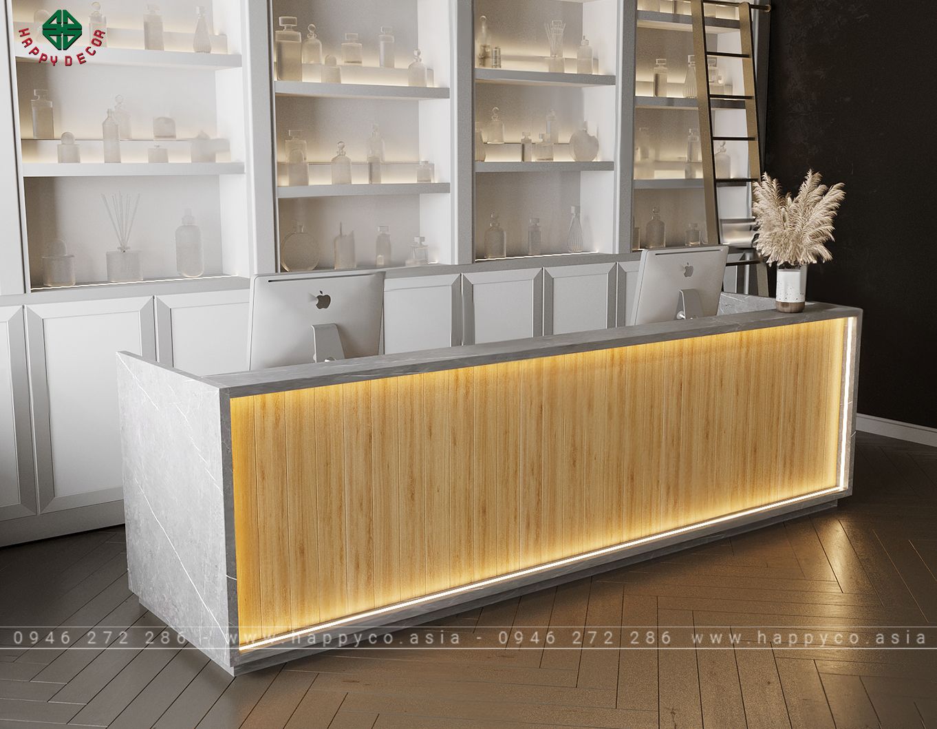 Mẫu quầy thu ngân gỗ đẹp có đèn led BQ6809