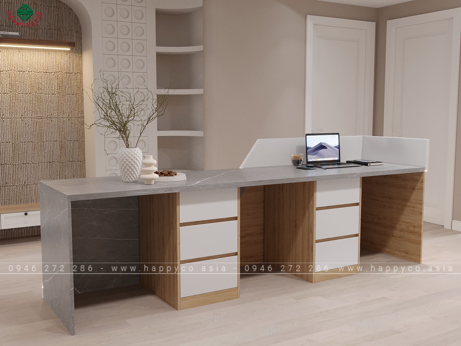 Mẫu bàn lễ tân đẹp có tủ ngăn kéo BQ6810