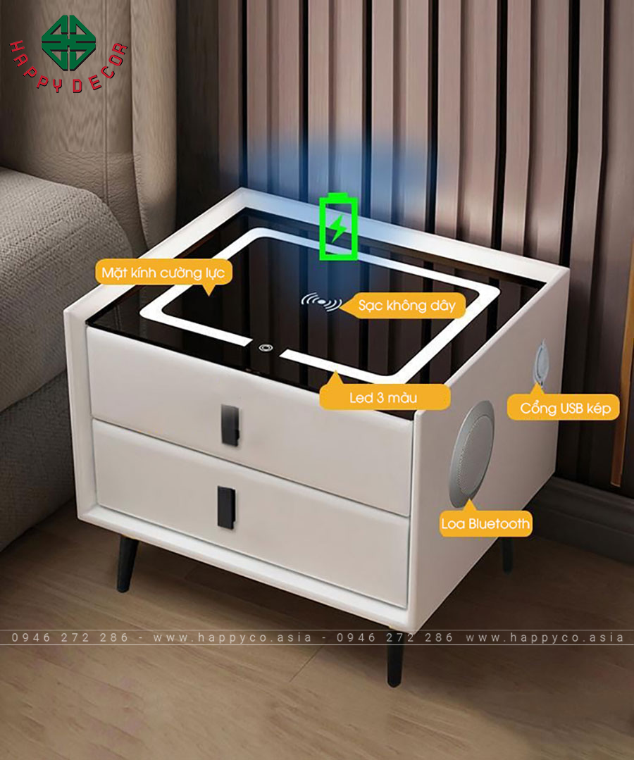 Tủ tab đầu giường được tích hợp sạc không dây và đèn LED