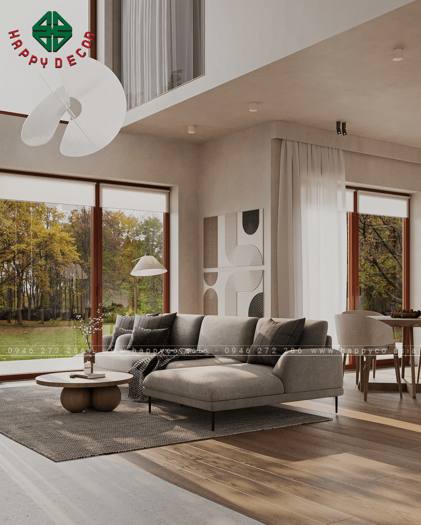 Nội thất phòng khách thoáng với khung cảnh cực chill thoải mái tạo không khí trong lành