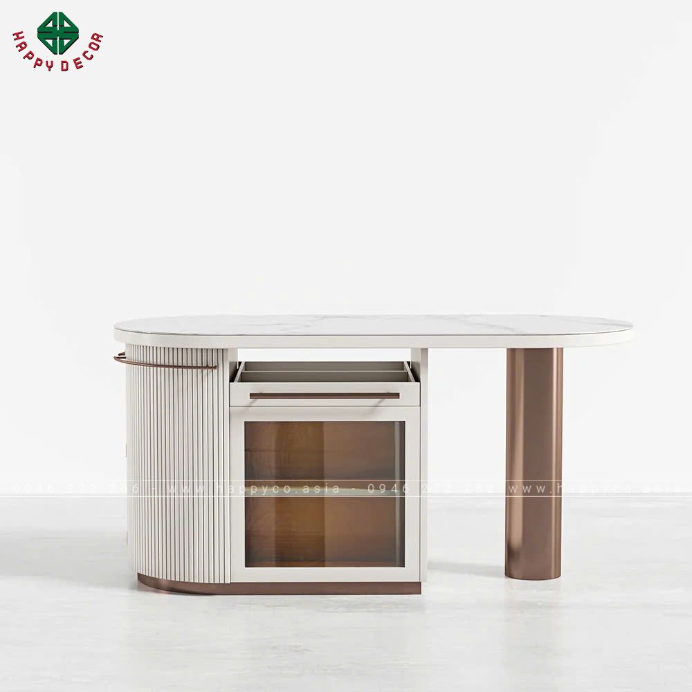 Bàn đảo của Happy Decor còn tích hợp nhiều ngăn kéo và tủ để đồ