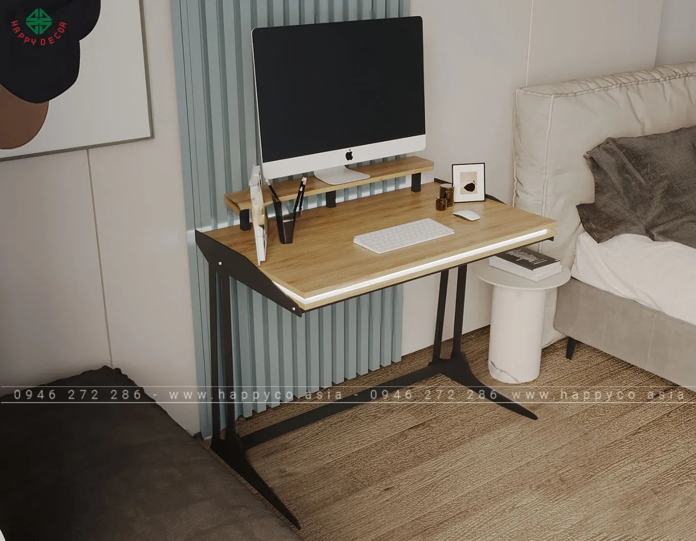 Bàn làm việc của Happy Decor được thiết kế với mặt bàn rộng rãi, có khả năng chống xước và chịu lực tốt