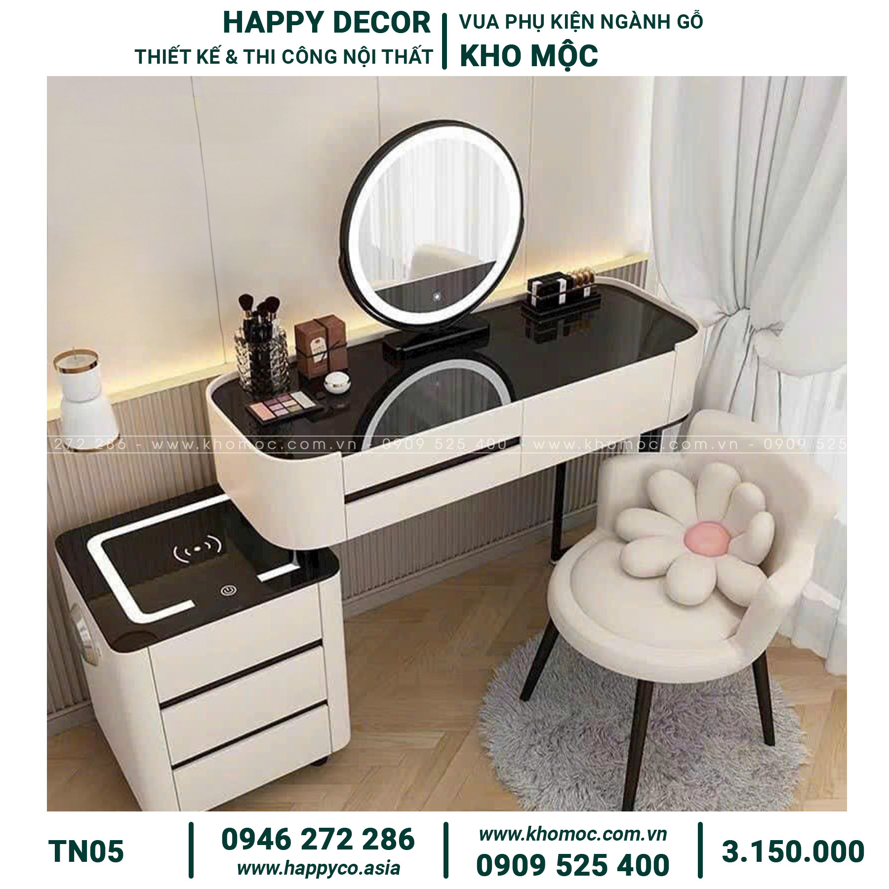 Chất liệu: Gỗ MDF bọc nhựa cao cấp, bền đẹp với thời gian.