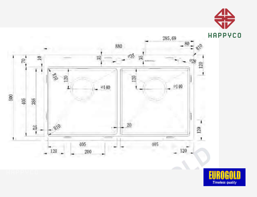 CHẬU RỬA BÁT INOX 304 EUS88850 EUROGOLD