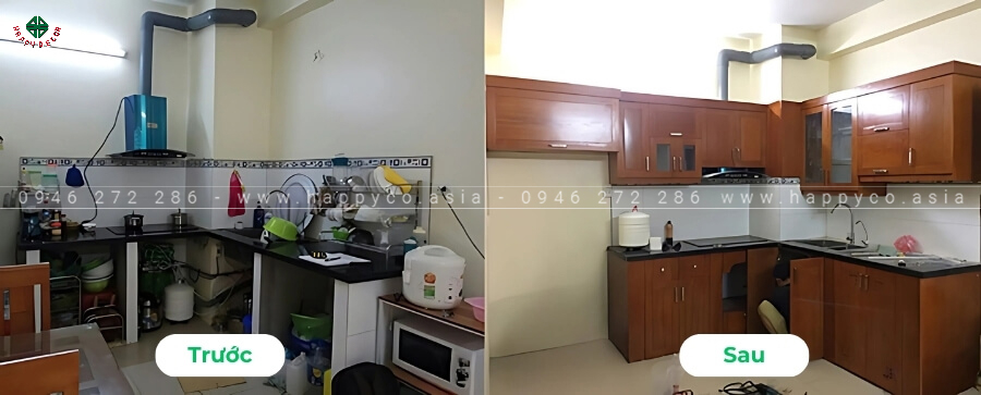 Trước và sau khi lắp tủ bếp gỗ công nghiệp hiện đại trong căn bếp gia đình. Trước và sau khi lắp tủ bếp gỗ công nghiệp hiện đại trong căn bếp gia đình.
