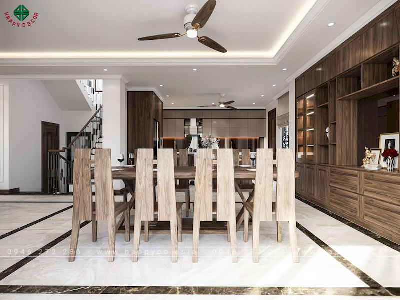 Phòng ăn tân cổ điển sang trọng bằng gỗ tự nhiên được thiết kế đối xứng trong không gian