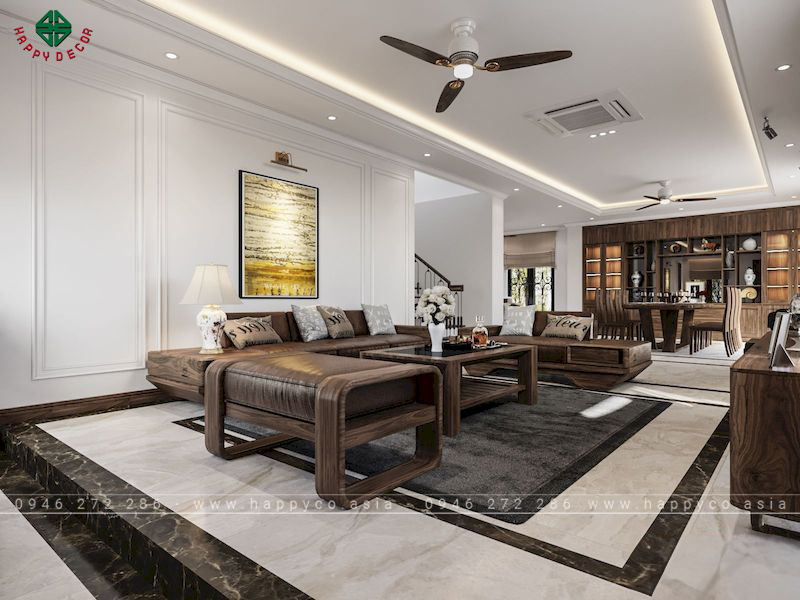 Nội thất nhà phố Ecopark – Phòng khách gỗ óc chó cao cấp và rất thẩm mỹ