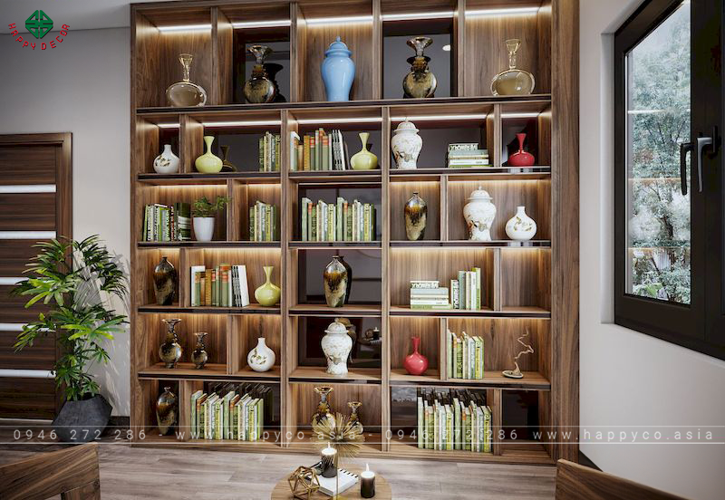 Nội thất nhà liền kề Ecopark - Kệ sách trần gỗ óc chó trong phòng đọc sách