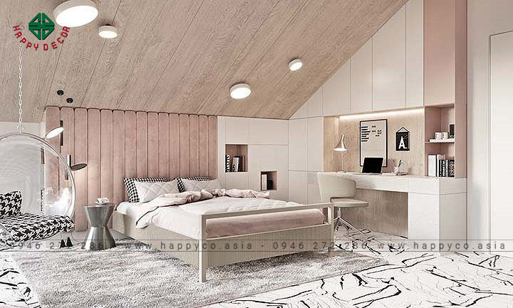 Gạch ốp tường phòng ngủ bé gái với tông màu sáng