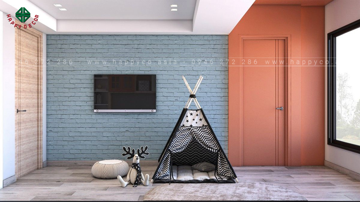 Gạch ốp tường phòng ngủ bé trai màu xanh đẹp