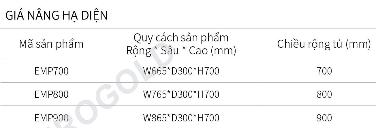 Kích thước Giá Bát Nâng Hạ Điện Eurogold EMP