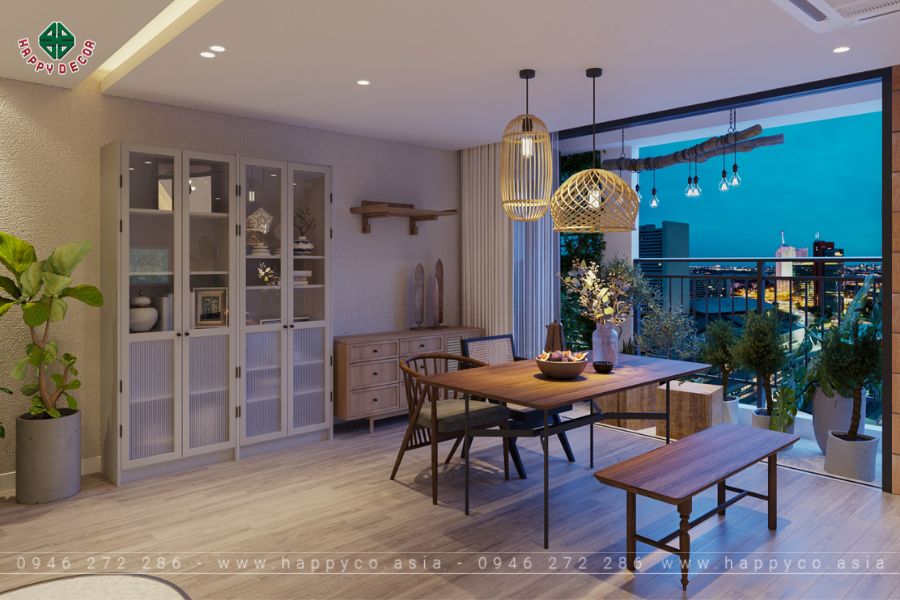 Khu bàn ăn hướng ra ban công lớn, tạo cảm giác gần gũi với thiên nhiên Khu bàn ăn hướng ra ban công lớn, tạo cảm giác gần gũi với thiên nhiên