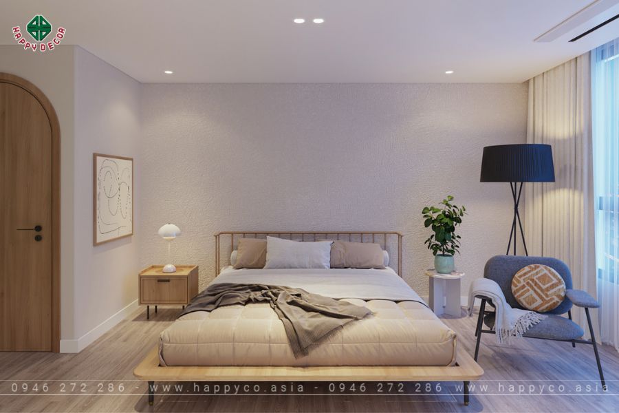 Giường gỗ khung thấp kết hợp ga gối màu be trung tính Giường gỗ khung thấp kết hợp ga gối màu be trung tính