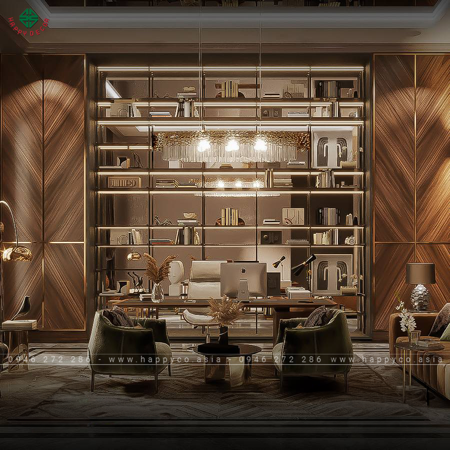 Không gian bàn làm việc thêm phần sang trọng với tủ cánh kính