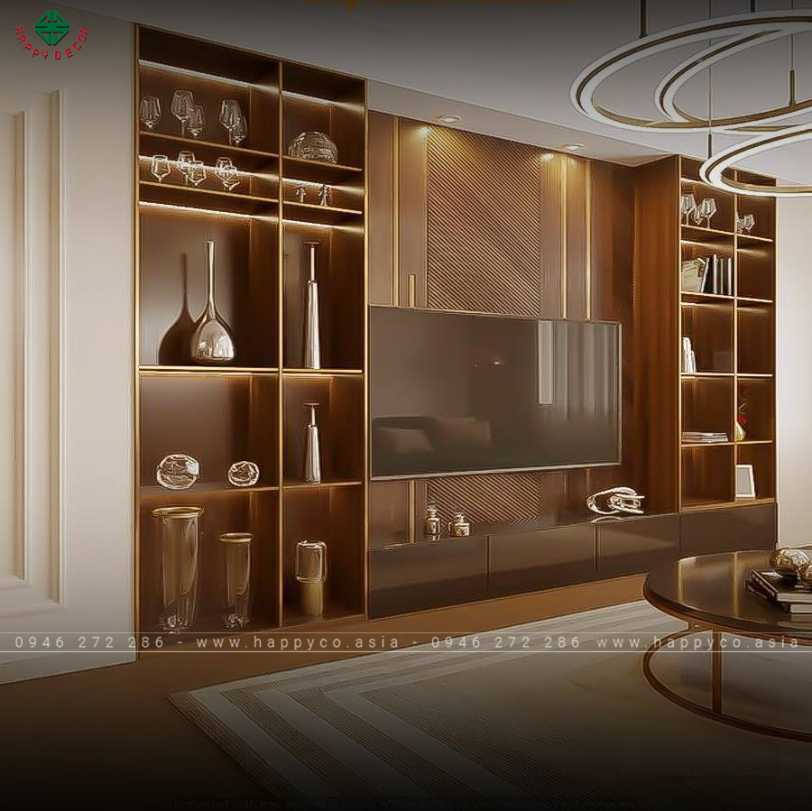 Tủ cánh kính kết hợp kệ tivi làm tăng vẻ thẩm mỹ phòng khách