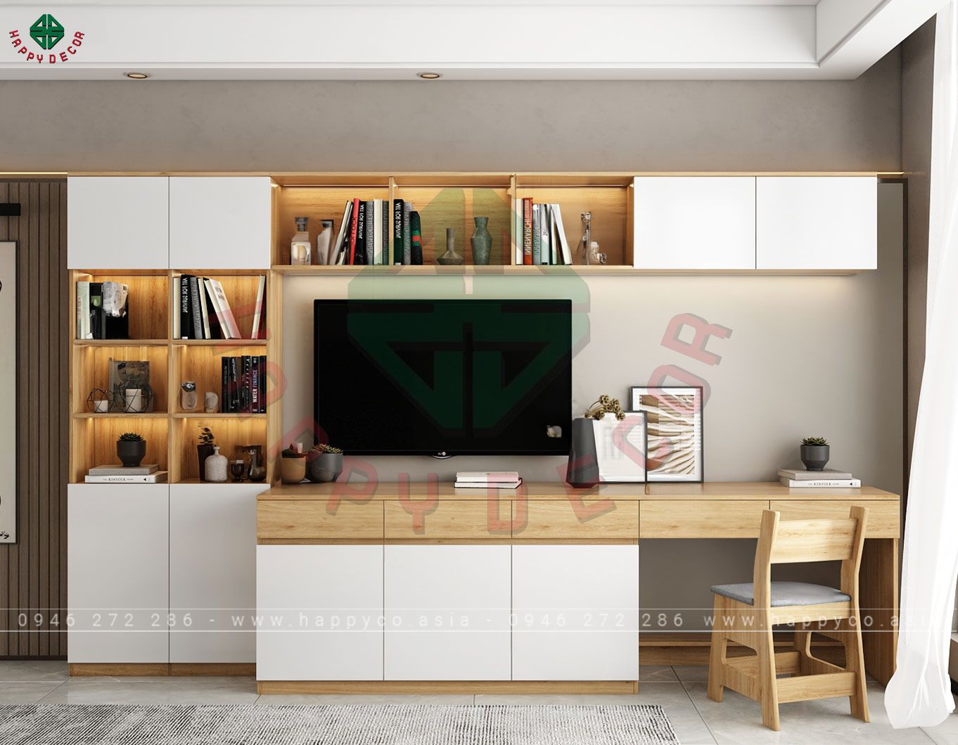 Với thiết kế kết hợp giữa kệ tivi và bàn làm việc, mẫu này phù hợp với những căn hộ có không gian hạn chế