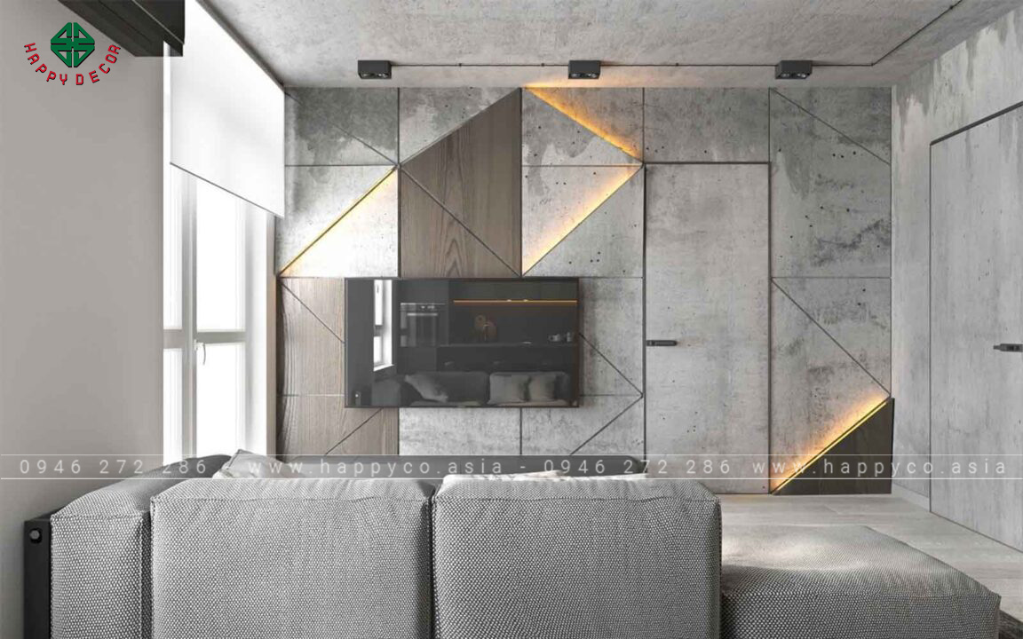 Gạch ốp tường phòng khách giả bê tông