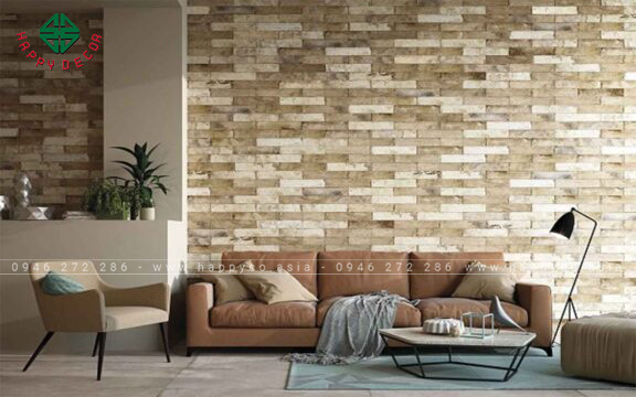 Tường phòng khách được ốp gạch Tuynel